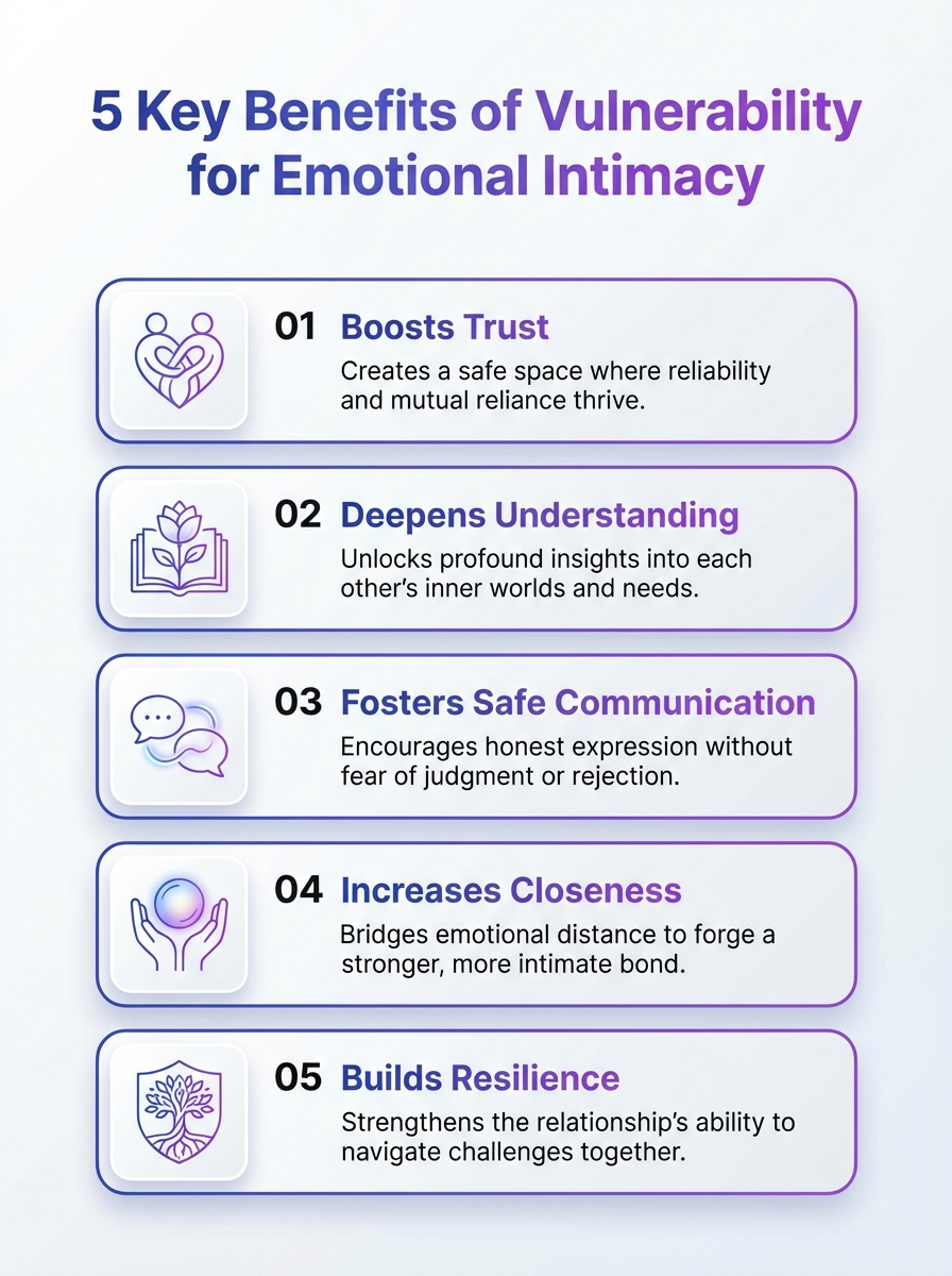 Infographic: Improving Emotional Intimacy Through Vulnerability — 5 key benefits of vulnerability for emotional closeness.