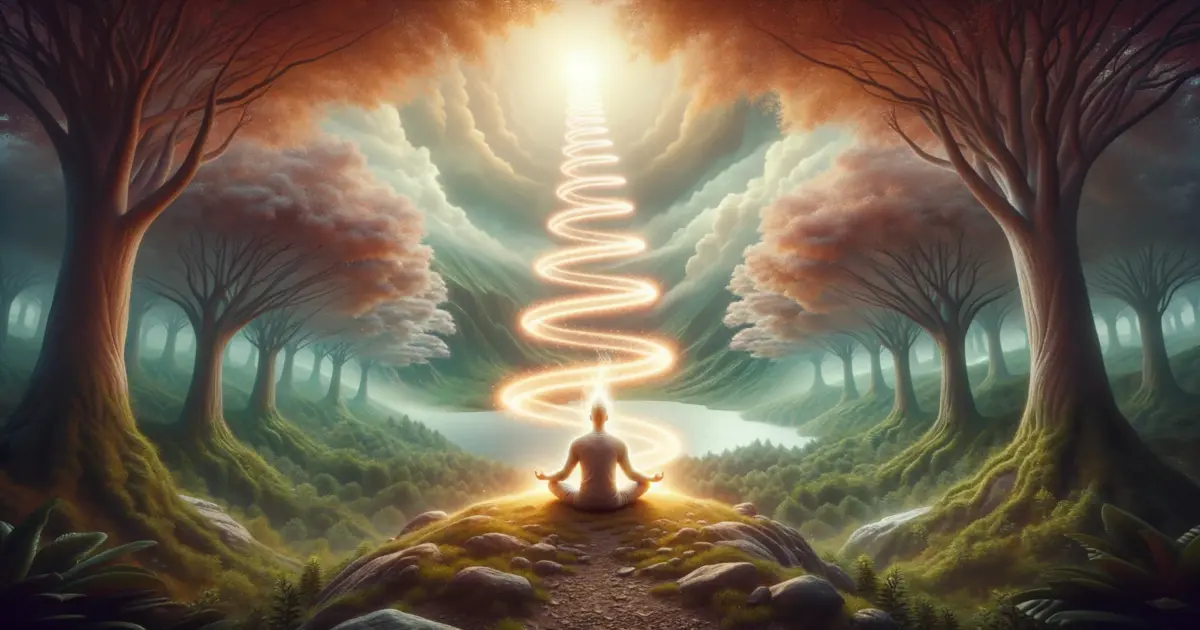 A tranquil setting captures a person in deep meditation. As a radiant, serpent-like energy ascends from their base spine, the environment transitions, reflecting the profound transformation of a Kundalini awakening.