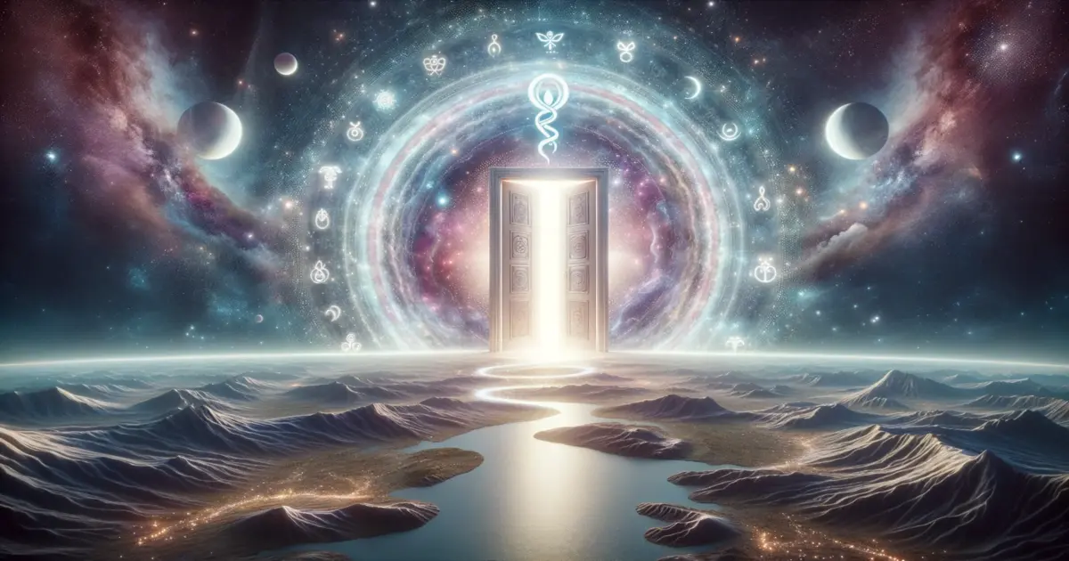 A Kundalini Awakening is adorned with a majestic cosmic door at its heart. As the door opens, it unveils a luminous energy pulsating with symbols of femininity and serpents, emphasizing the journey of awakening and self-discovery.