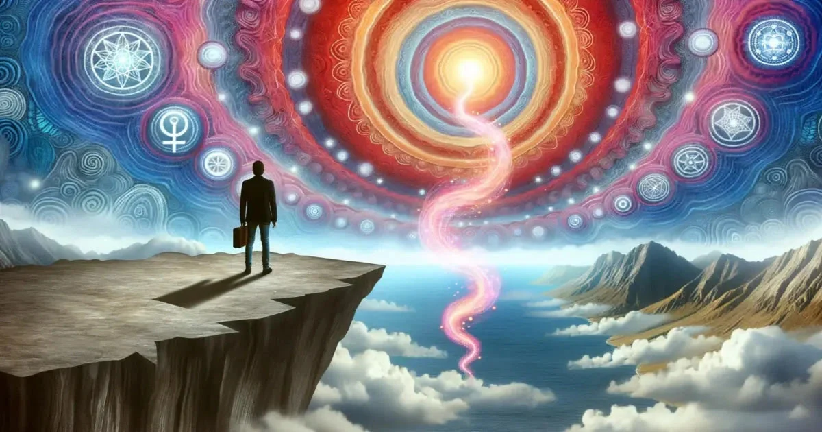 An individual stands contemplatively at a cliff's edge, gazing towards the horizon. Above, a spiral of energy intertwined with feminine symbols descends, signifying the Kundalini energy's call to awaken one's true destiny.