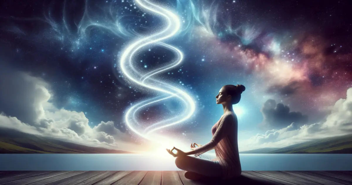 A serene depiction of a woman deeply immersed in meditation. As she meditates, a radiant serpent-like energy ascends, symbolizing the awakening of the divine feminine energy within.