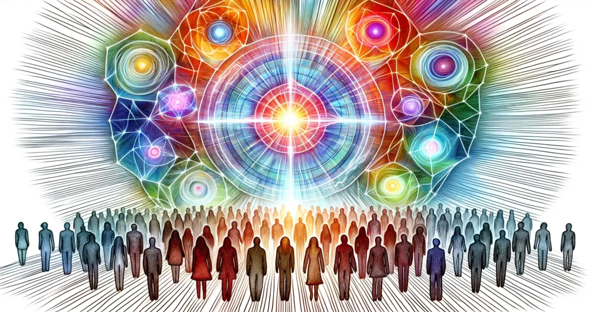 A gathering of diverse individuals, each radiating their own unique auras. One stands out, their aura bursting with vibrant colors and geometric patterns, hinting at Arcturian lineage.