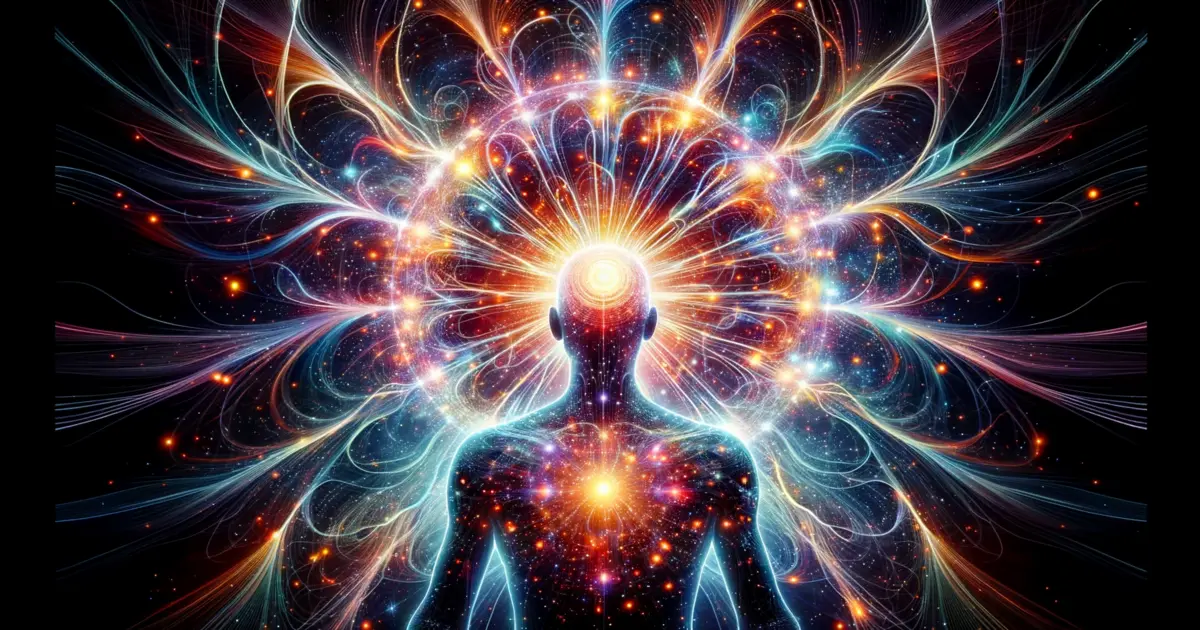 A silhouette of a human, enveloped by a radiant Arcturian Starseed aura, displaying intricate patterns and colors, suggesting a deep connection to the Arcturus star system.