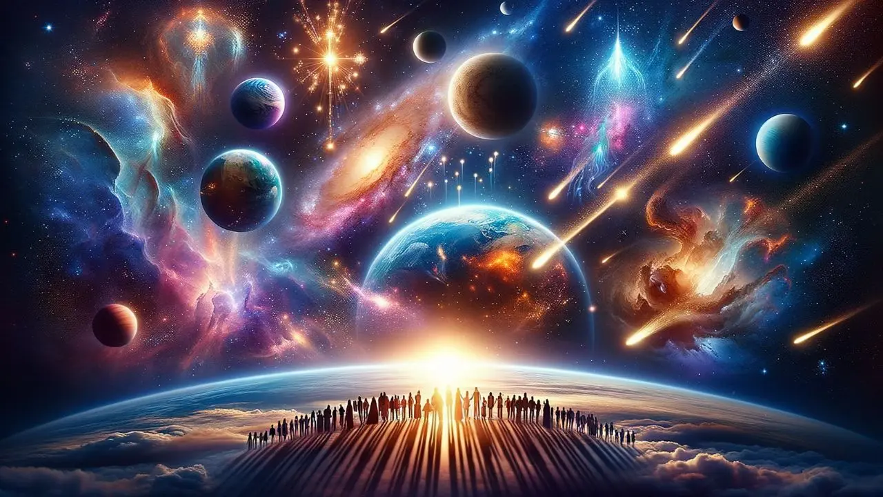 A breathtaking cosmic scene with Earth illuminated, signifying the raised vibrations due to the presence and efforts of the Sirian Starseed. The diverse human figures reaching towards the cosmos embody their mission to uplift humanity.