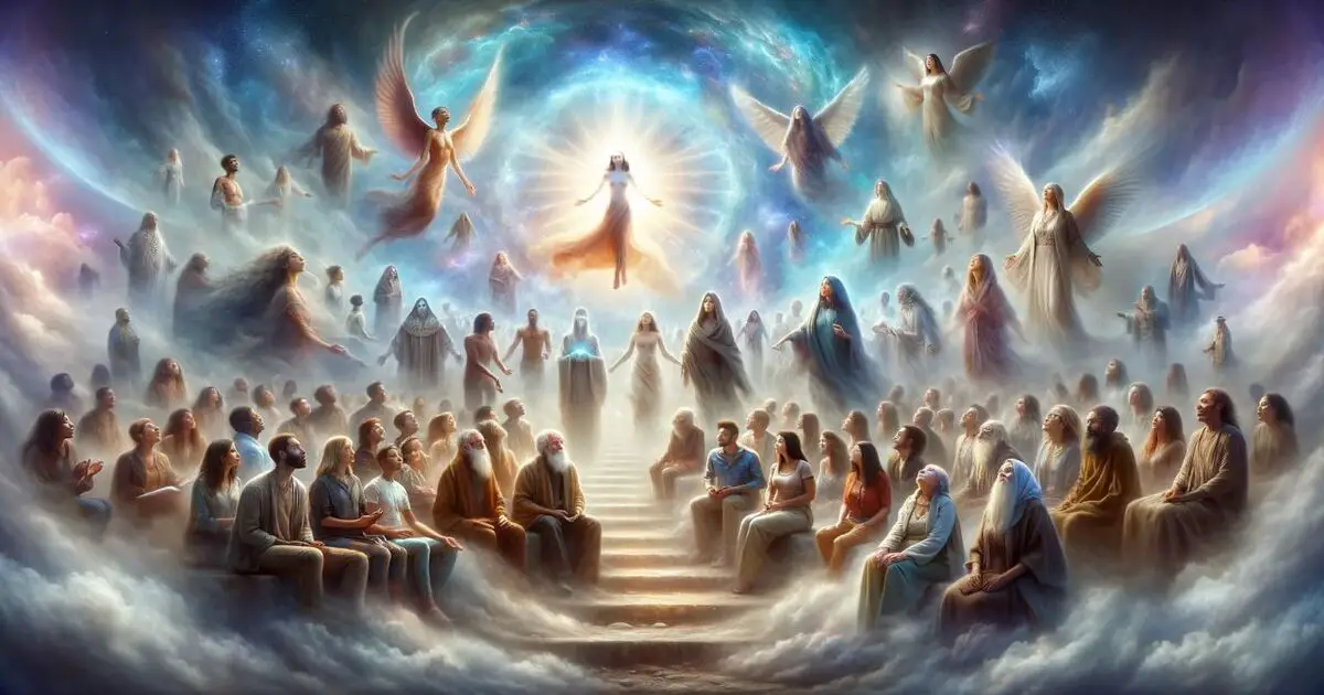 visually represent the profound transformation of spiritual ascension, capturing the diverse experiences and emotions of individuals on this transformative journey.