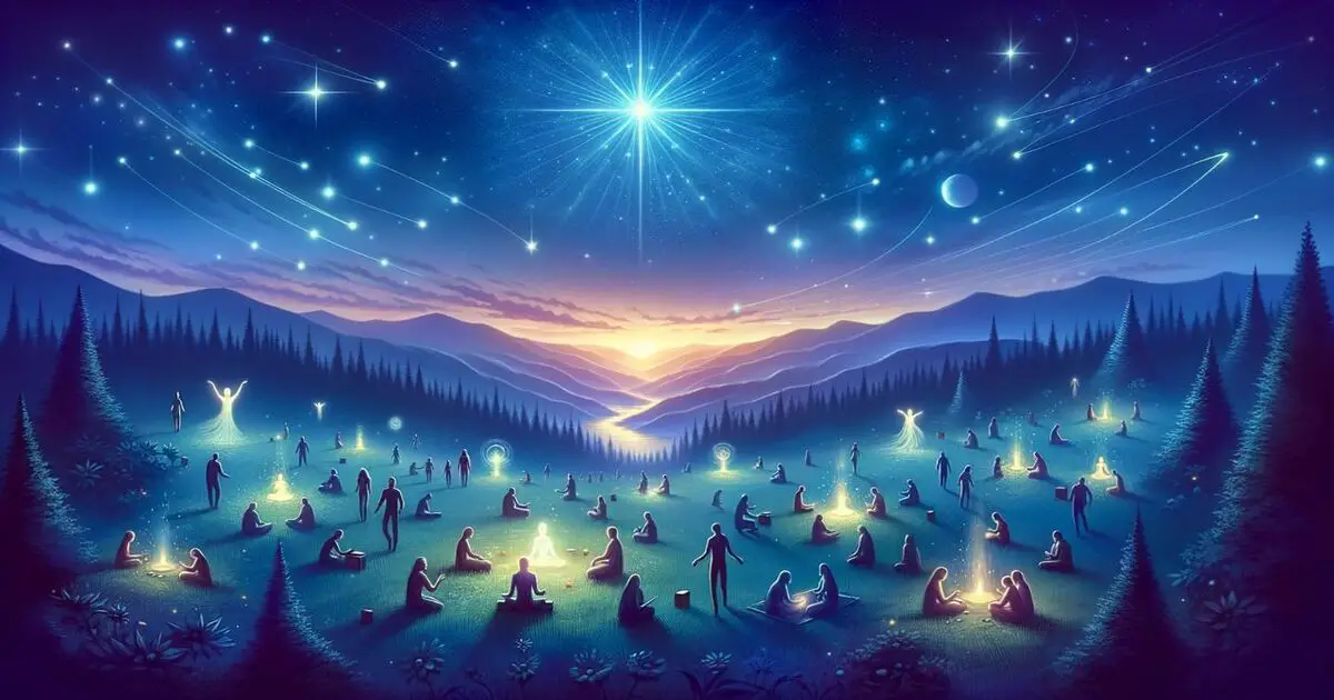 An illustration depicting a serene landscape with human figures showcasing their spiritual activities under the brilliance of the Sirius star system.