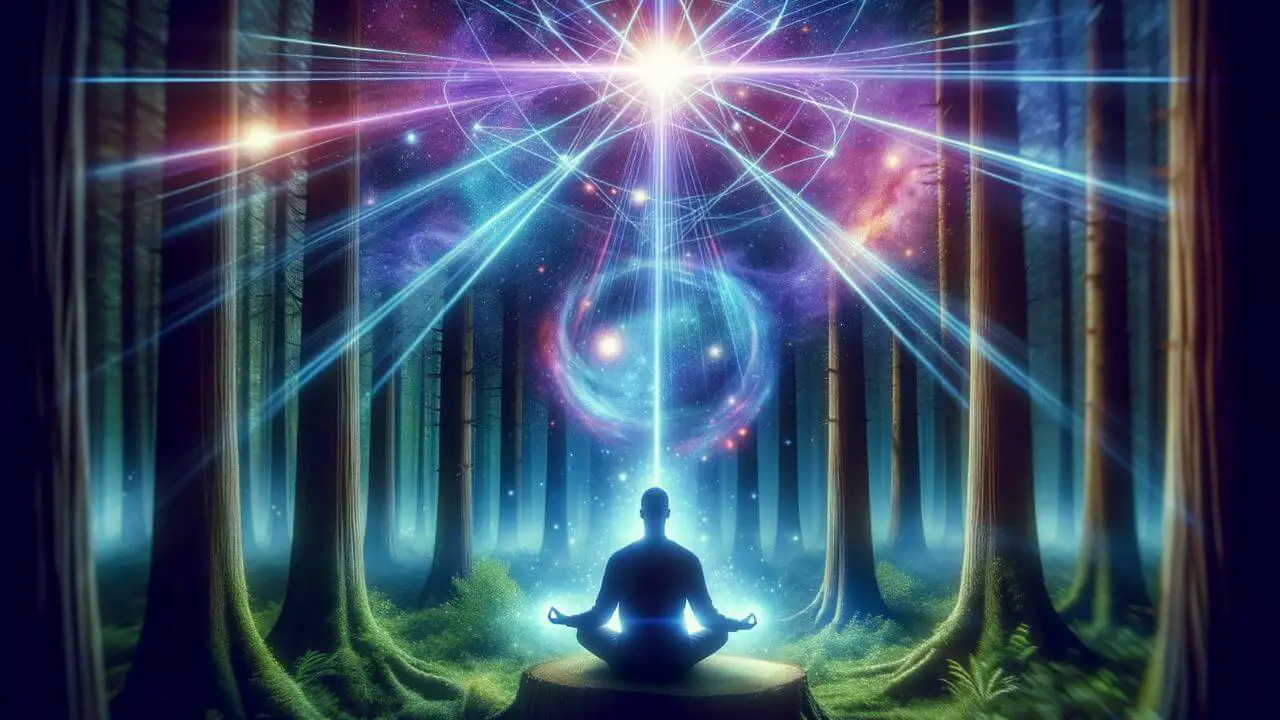 A photo representation of an individual meditating in nature, illuminated by the energy from the Sirius star system.