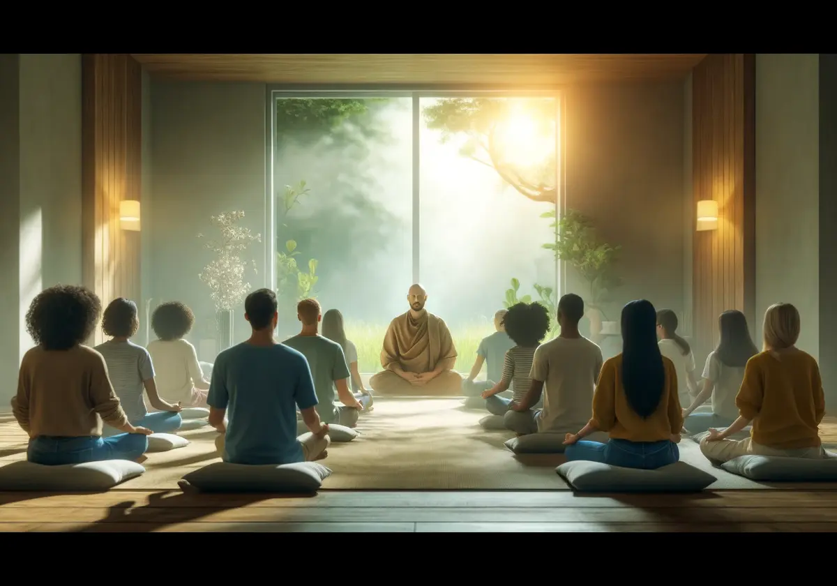 A group of individuals engages in a loving-kindness meditation session, illustrating mindfulness practices that cultivate compassion. The serene environment and tranquil expressions on the participants' faces highlight the benefits of mindfulness in fostering a compassionate mindset.