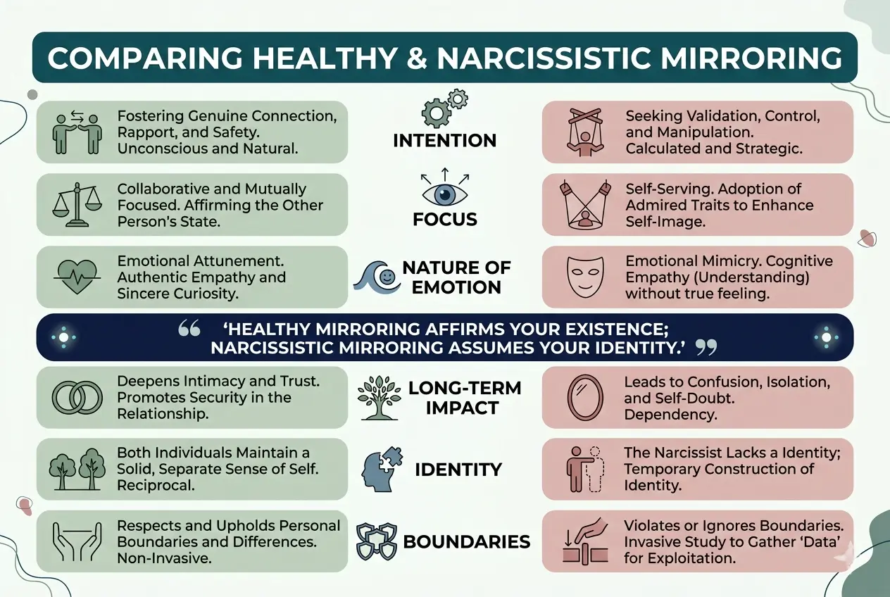 Chart comparing healthy and narcissistic mirroring based on intention, focus, emotion, impact, identity, and boundaries