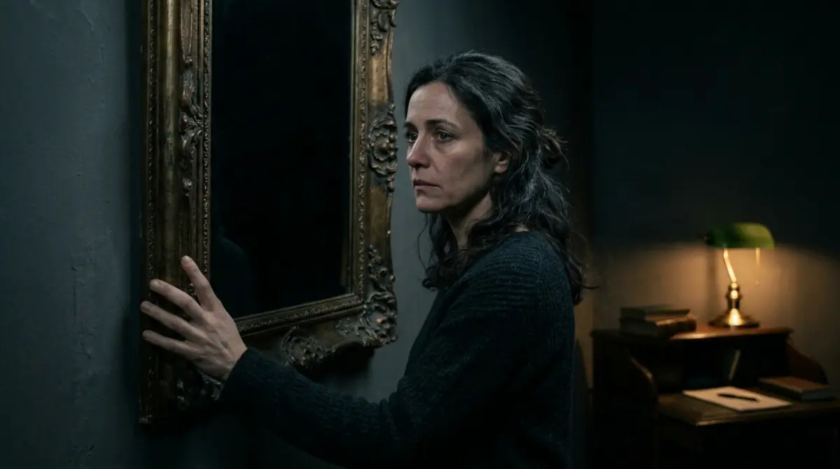 Woman with dark hair touches an ornate mirror in a dimly lit room, a desk lamp glows in the background