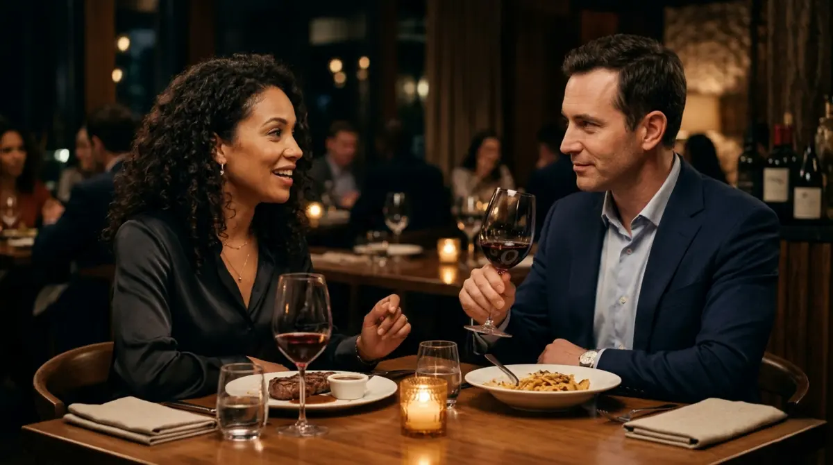 Woman sharing personal stories at dinner while man listens with a subtly calculating expression, representing narcissistic mirroring data gathering