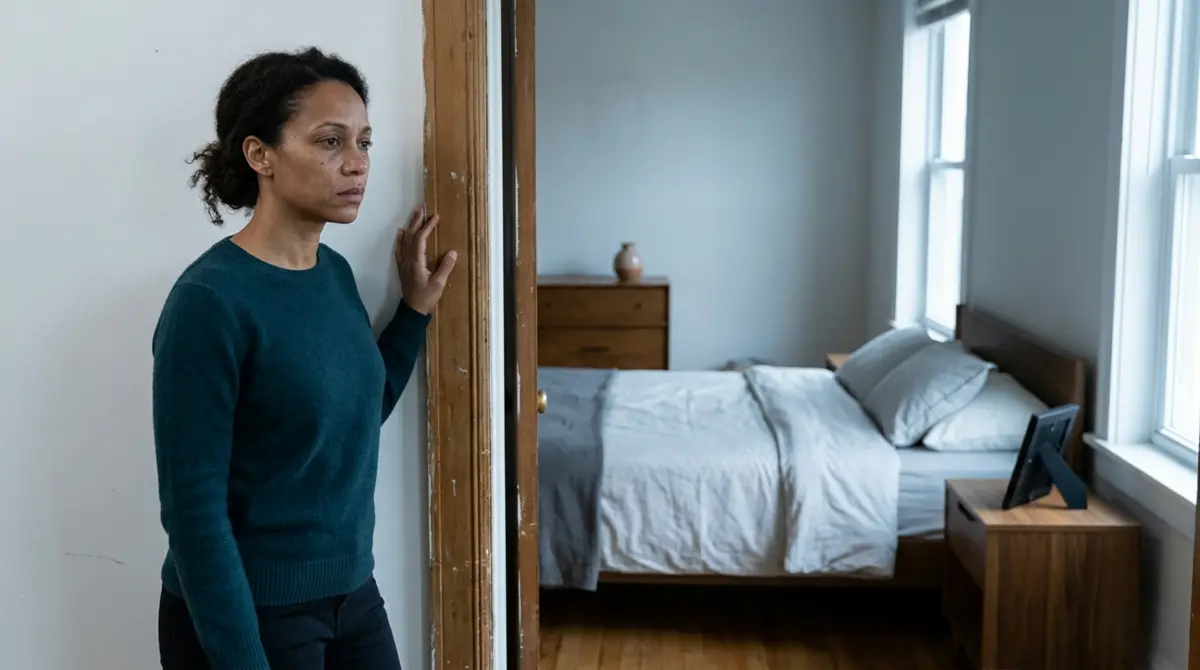Woman standing in bedroom doorway with hollow expression after narcissistic mirroring ends and devaluation begins, capturing identity loss