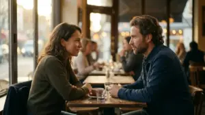 A man and woman sit at a cafe table, looking at each other. Coffee and water are on the table in warm light