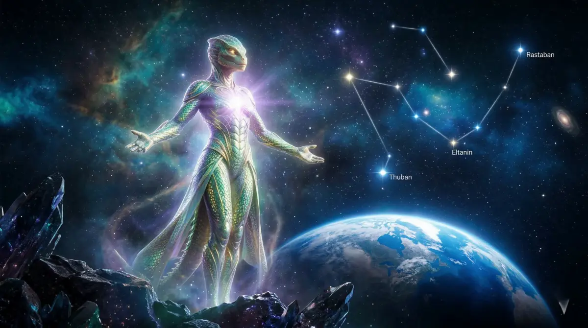Reptilian starseed being standing in cosmic space with the Draco constellation glowing behind them