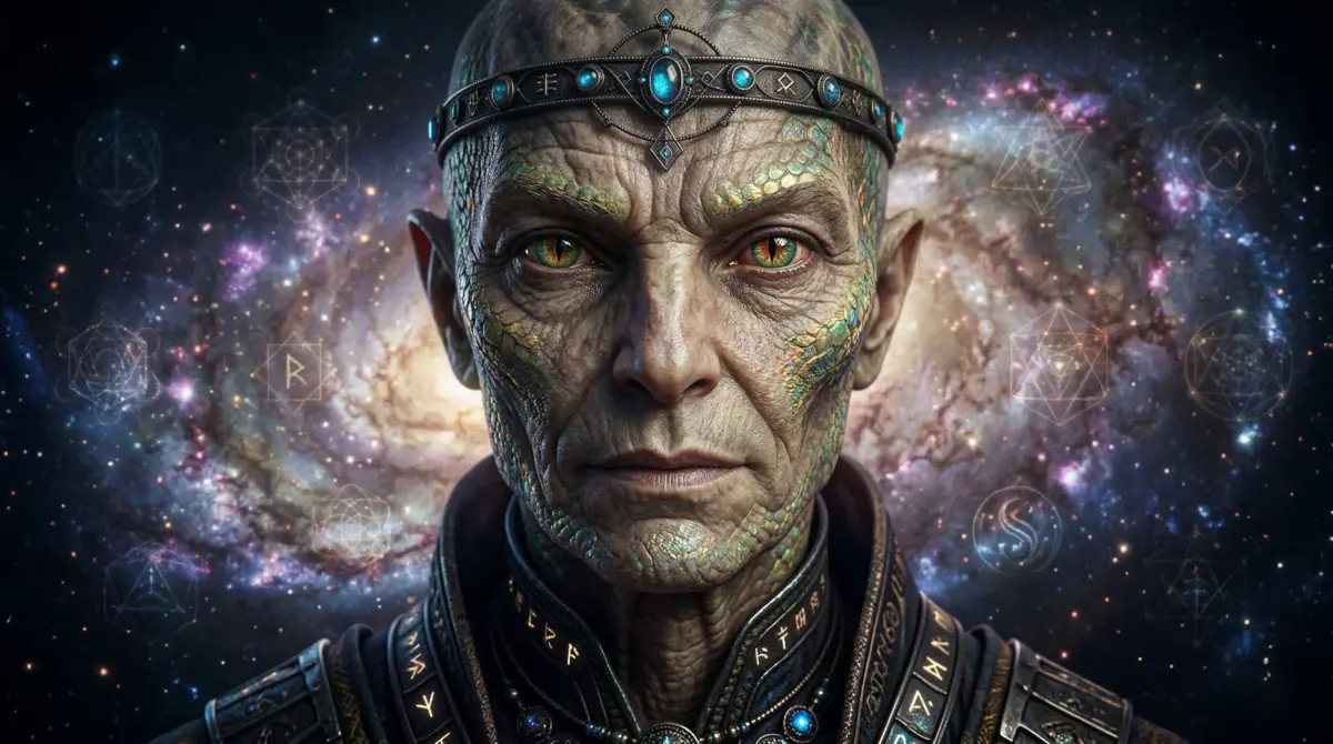 Portrait of a reptilian starseed elder with iridescent features and glowing eyes against a cosmic galaxy background