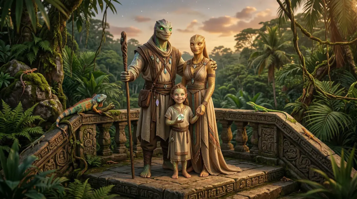 A reptilian starseed family standing together on an ancient stone platform surrounded by tropical nature and reptiles