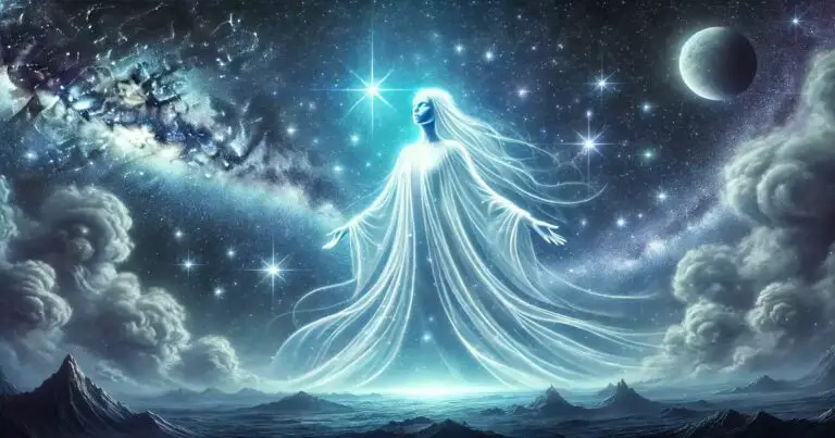 Mintakan Starseeds, depicted as ethereal beings with a bluish-white aura, set against the backdrop of the night sky featuring the Orion constellation. Mintaka shines brightly with its characteristic bluish-white glow, and the starseeds appear luminous and semi-transparent, with flowing garments blending with the starlight. The scene is mystical and serene, with stars twinkling in the background and a soft, otherworldly light illuminating the starseeds, embodying their celestial origin.