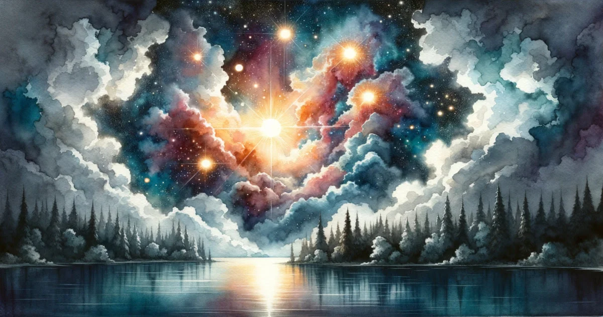 A watercolor painting that captures the Orion constellation's brilliance, with its reflection shimmering on a peaceful lakeside.
