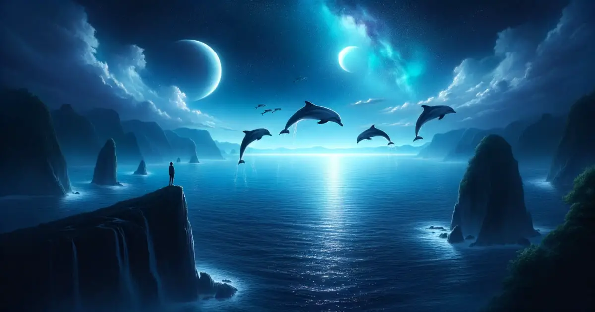 A breathtaking photo capturing a twilight ocean scene where playful dolphins leap from the waters. A Mintakan Starseed observes this heartwarming sight from a distant cliff.