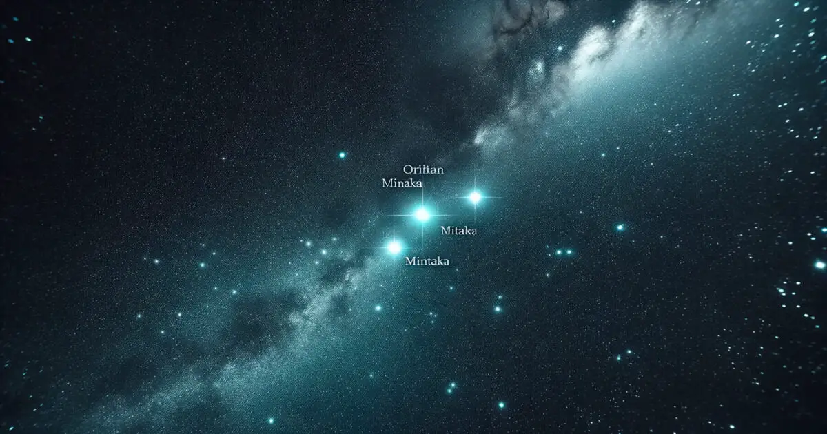 A photo capturing the splendor of the night sky with a focus on Orion's Belt. Mintaka is distinctly highlighted and labeled. Planet Mintaka