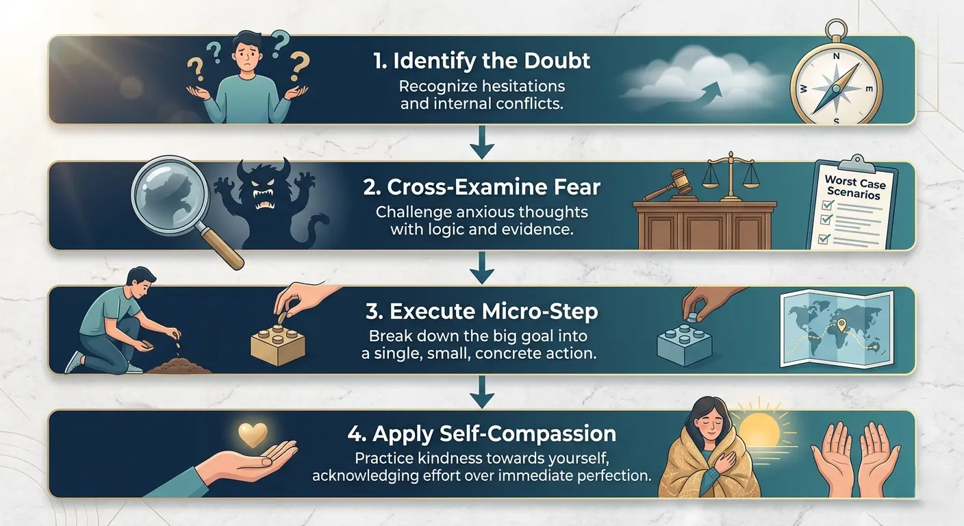 Infographic: 1. Identify the Doubt, 2. Cross-Examine Fear, 3. Execute Micro-Step, 4. Apply Self-Compassion