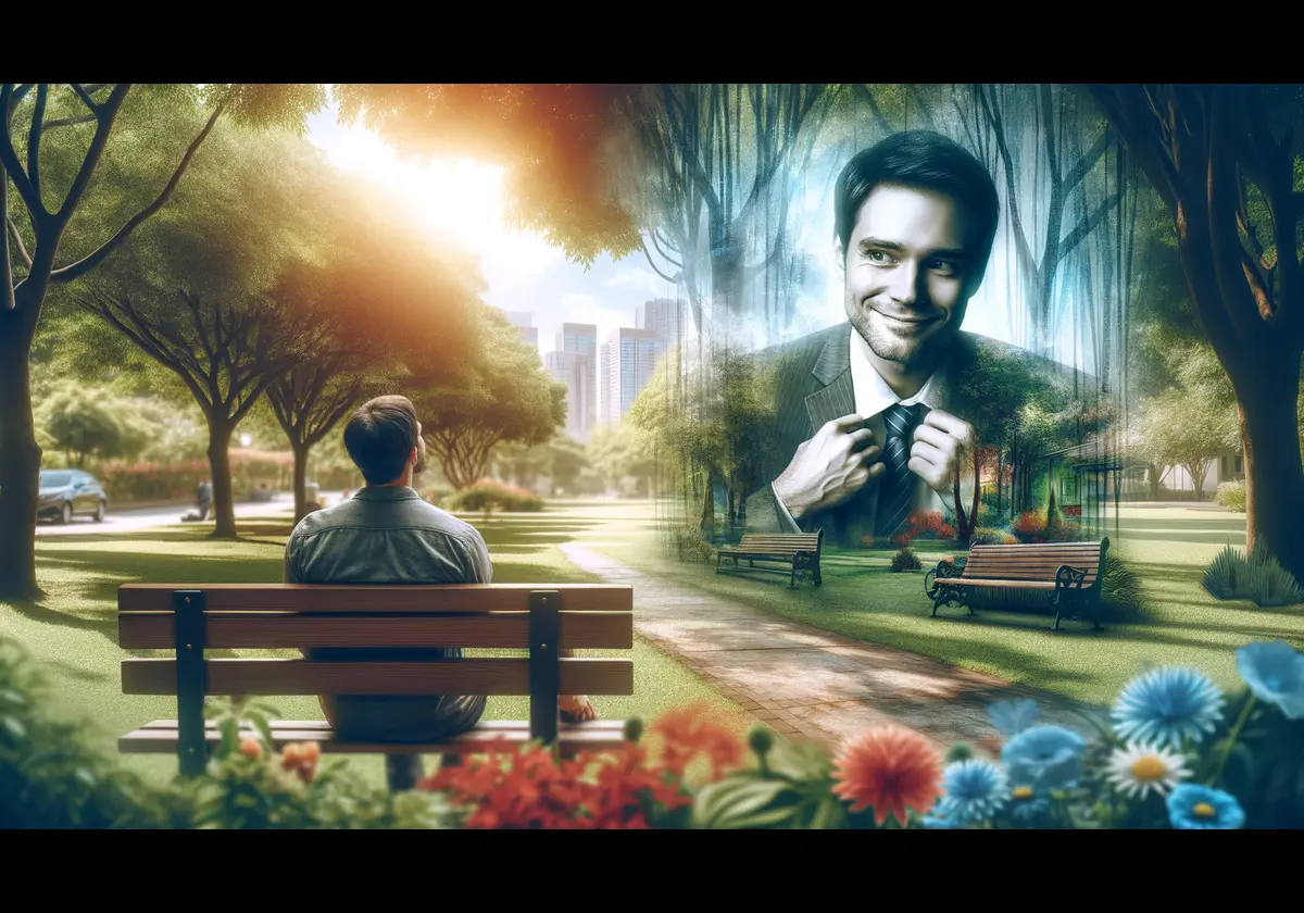 a person sitting on a bench in a peaceful park, enjoying the present moment with a serene smile. In the background, there is a faded image of the same person looking regretful and sad, representing the idea of leaving past regrets behind. The park is vibrant with green trees, colorful flowers, and sunlight streaming through the branches, emphasizing the beauty of the present.