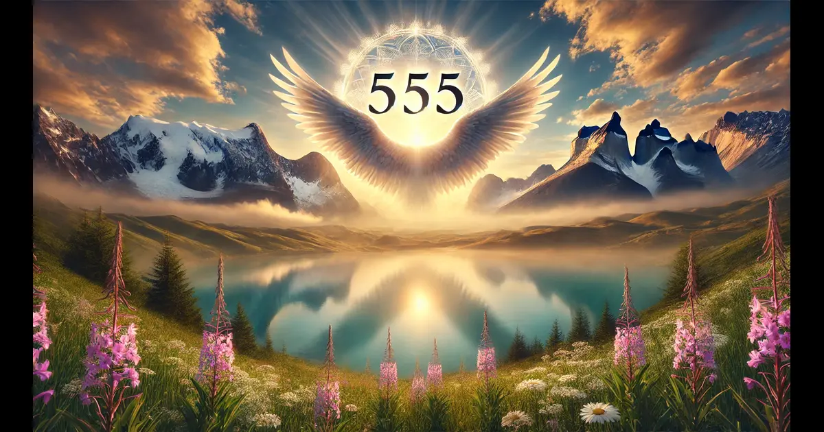 A majestic mountain landscape at sunrise with the angel number 555 appearing in the sky, formed by clouds tinted with the first light of day. Below, a pristine lake reflects the scene, with wildflowers blooming in the foreground.