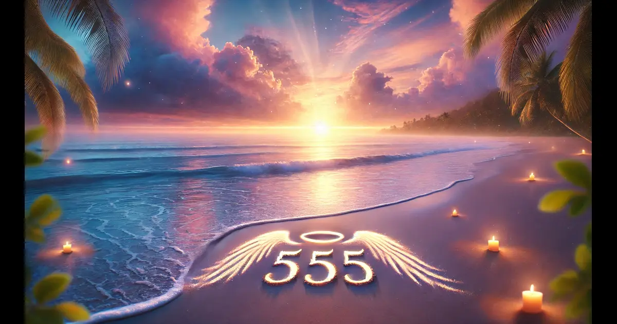 A tranquil beach at sunset with the angel number 555 written in the sand. The sky is painted with vibrant hues of orange, pink, and purple as gentle waves lap at the shore, surrounded by palm trees swaying lightly in the breeze.