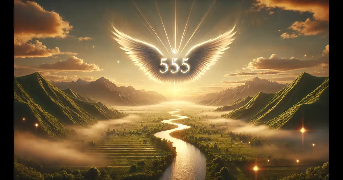 A serene dawn landscape with the angel number 555 formed by glowing clouds in the sky. A peaceful river winds through a lush green valley, with majestic mountains in the background, bathed in soft golden light.