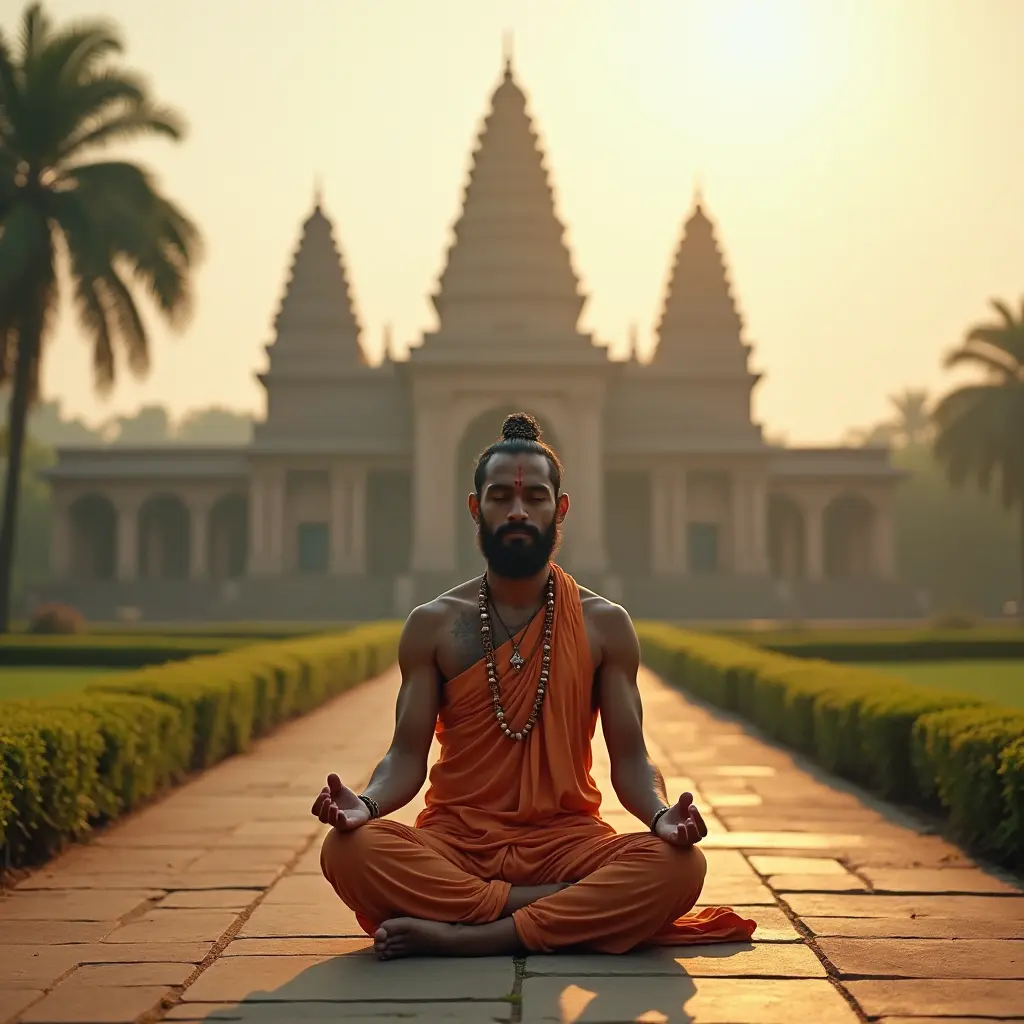 The environment should reflect the origins of Hatha Yoga, symbolizing peace and spiritual connection. The lighting should be soft and warm, capturing the essence of dawn.