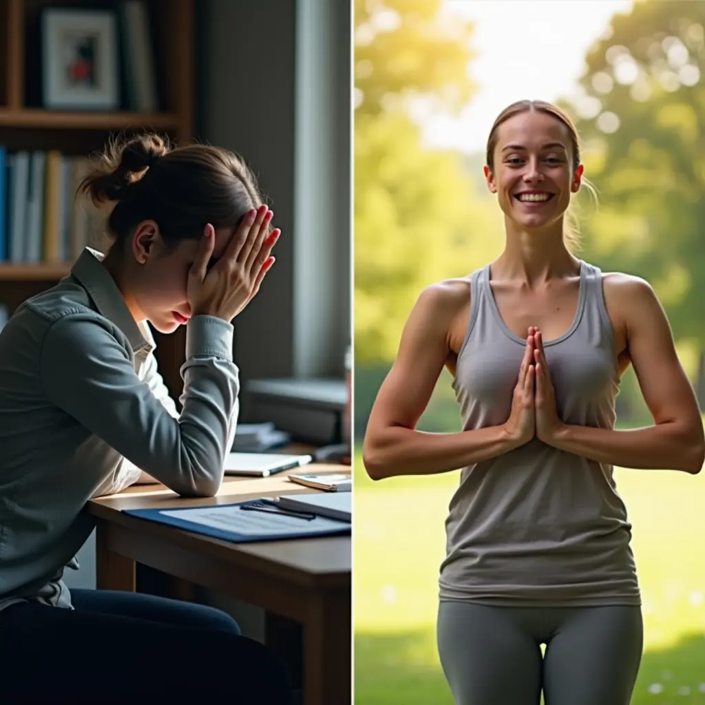 A split-screen image showing the before and after effects of Hatha Yoga. On the left side, show a person looking stressed and tense, sitting hunched over at a desk. The lighting should be dim, and the surroundings should appear cluttered. On the right side, show the same person after practicing yoga: relaxed, smiling, and standing confidently in a serene park with soft sunlight.