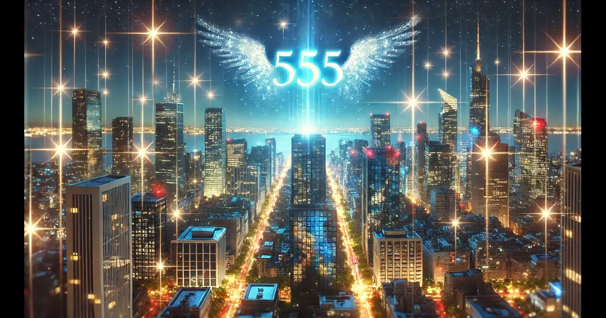 A vibrant cityscape at night with skyscrapers illuminated by bright lights. The angel number 555 is formed by glowing stars in the sky, creating a mystical presence over the bustling city.