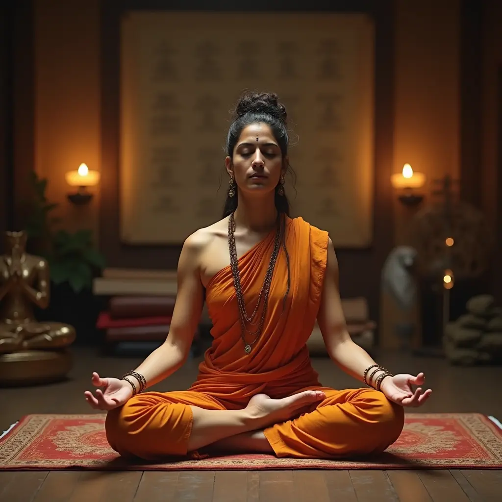 The yogi should be performing a slow, controlled yoga posture, like the lotus position, with eyes closed and a calm demeanor. The lighting should be soft and mystical, with the background slightly blurred to draw focus to the practice and its spiritual essence.