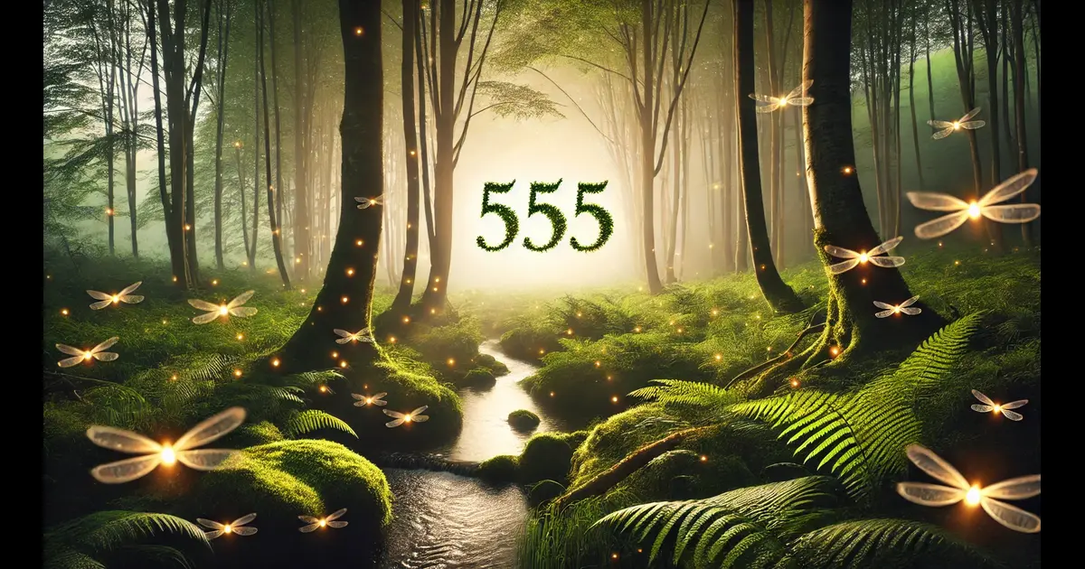 A serene forest scene at dawn with a gentle mist. The angel number 555 is formed by glowing fireflies among the trees. Sunlight filters through the dense canopy, casting a magical light on the forest floor covered with ferns and moss.