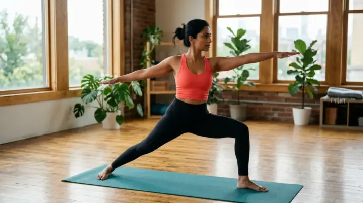 Woman transitioning between Warrior yoga poses on a mat in a sunlit studio, eyes soft and focused.