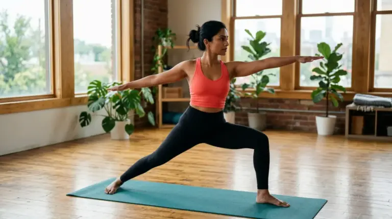 Woman transitioning between Warrior yoga poses on a mat in a sunlit studio, eyes soft and focused.