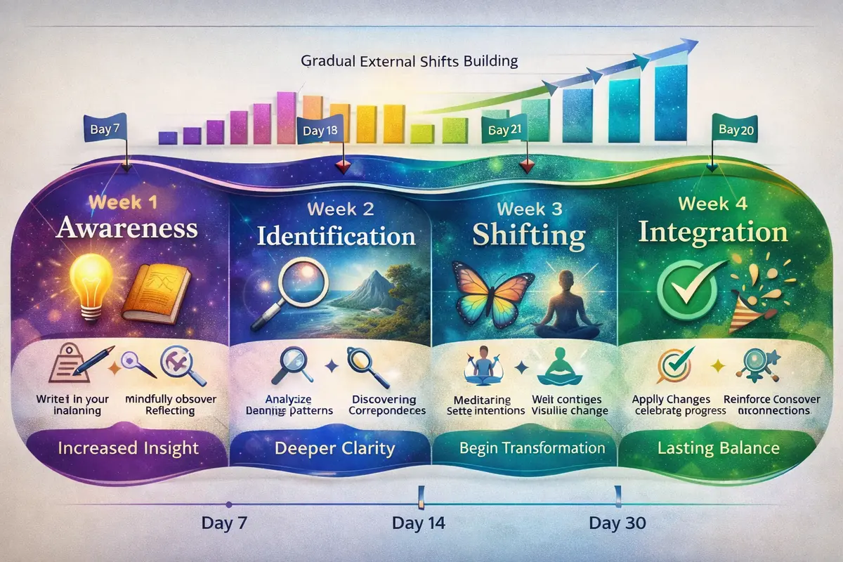 30 day law of correspondence practice timeline showing four weekly phases from awareness to integration with daily practices and expected results