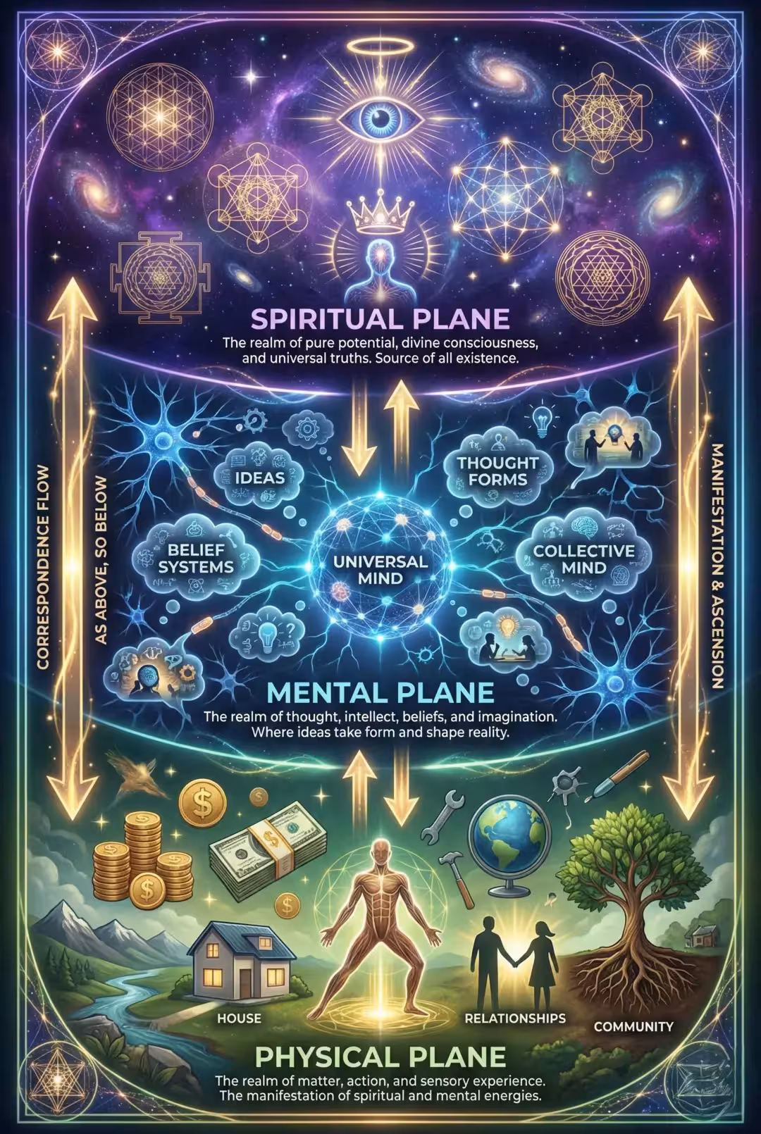 Three planes of correspondence showing spiritual mental and physical planes connected by bidirectional arrows demonstrating hermetic principle