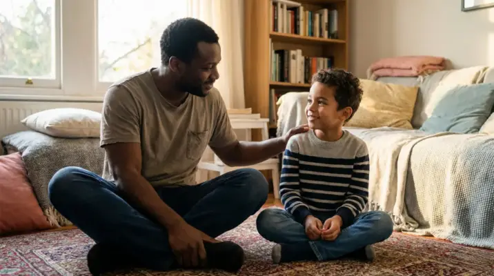 Father and young son sitting together having caring conversation showing healthy masculine parenting and emotional intelligence
