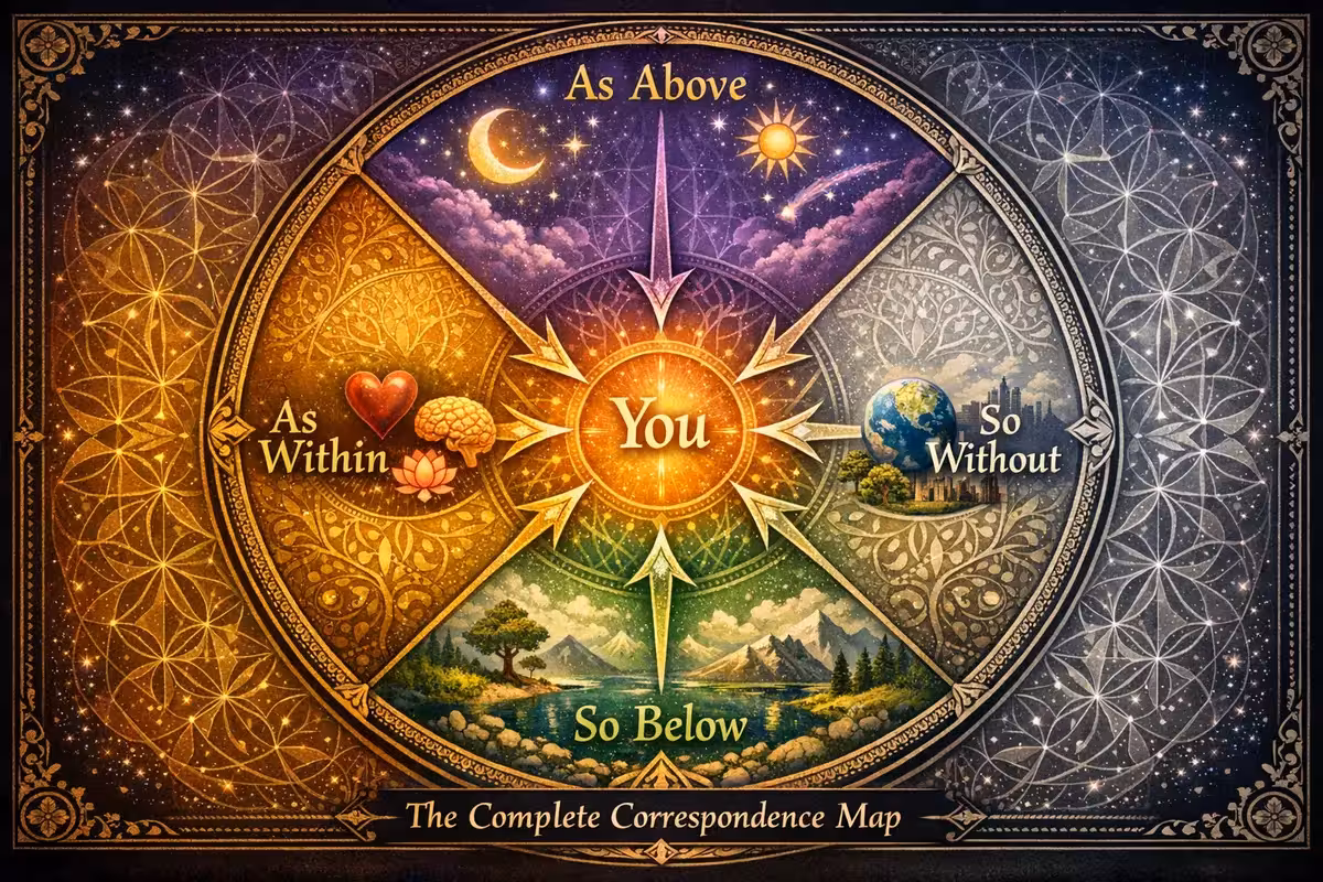 Four directions of law of correspondence mandala showing as above so below as within so without principles in circular diagram