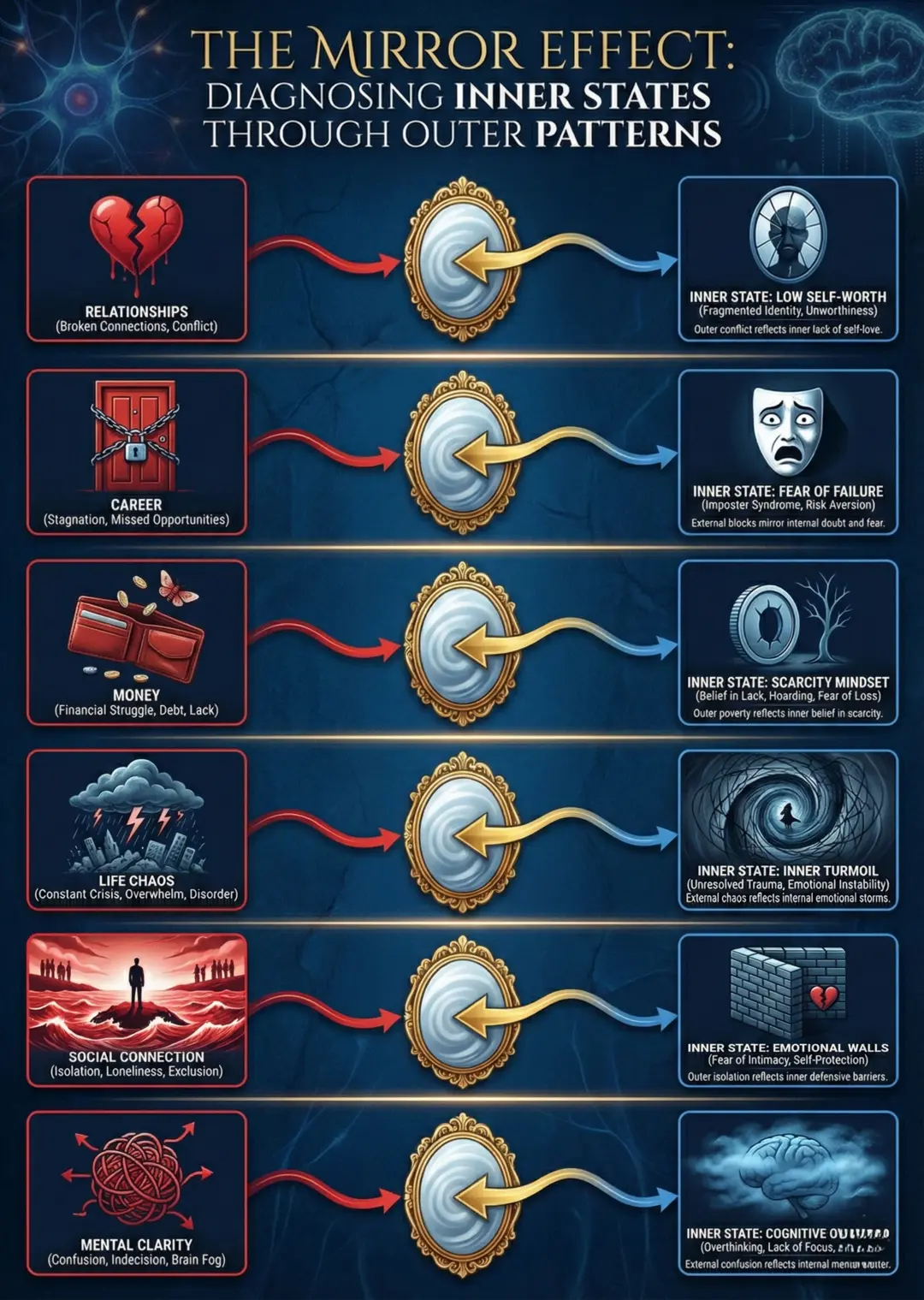Diagnostic infographic showing six external life patterns and their corresponding internal beliefs and emotions through mirror reflection
