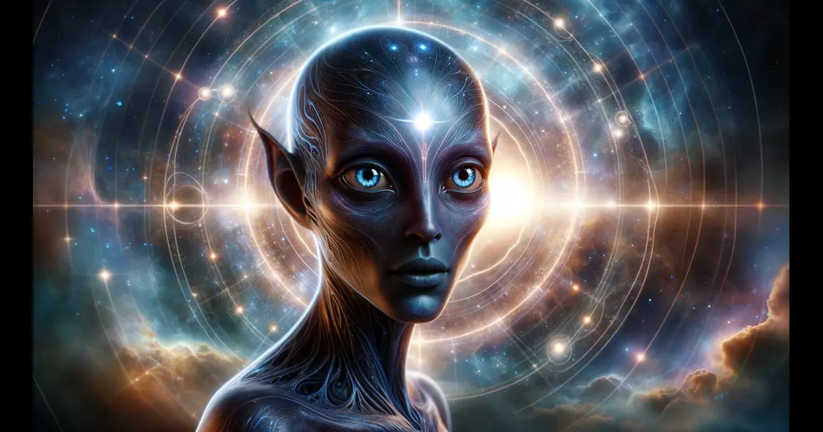 Realistic portrayal of a Vega Starseed, characterized by its ethereal dark coppery skin and deep, expressive eyes. The scene includes a cosmic setting with the star Vega shining brightly in the Lyra constellation, adorned with light and energy designs that signify its spiritual and cosmic connection.