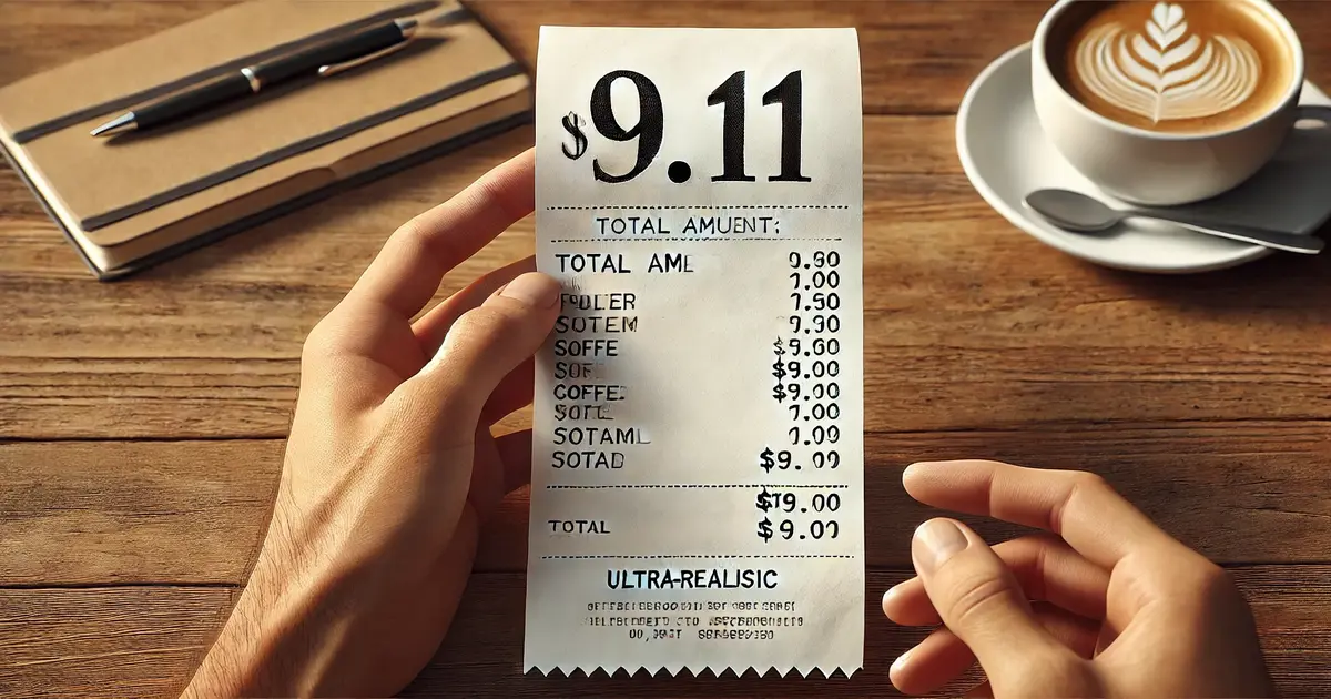 Receipt: A cafe setting with a receipt showing a total of $9.11.