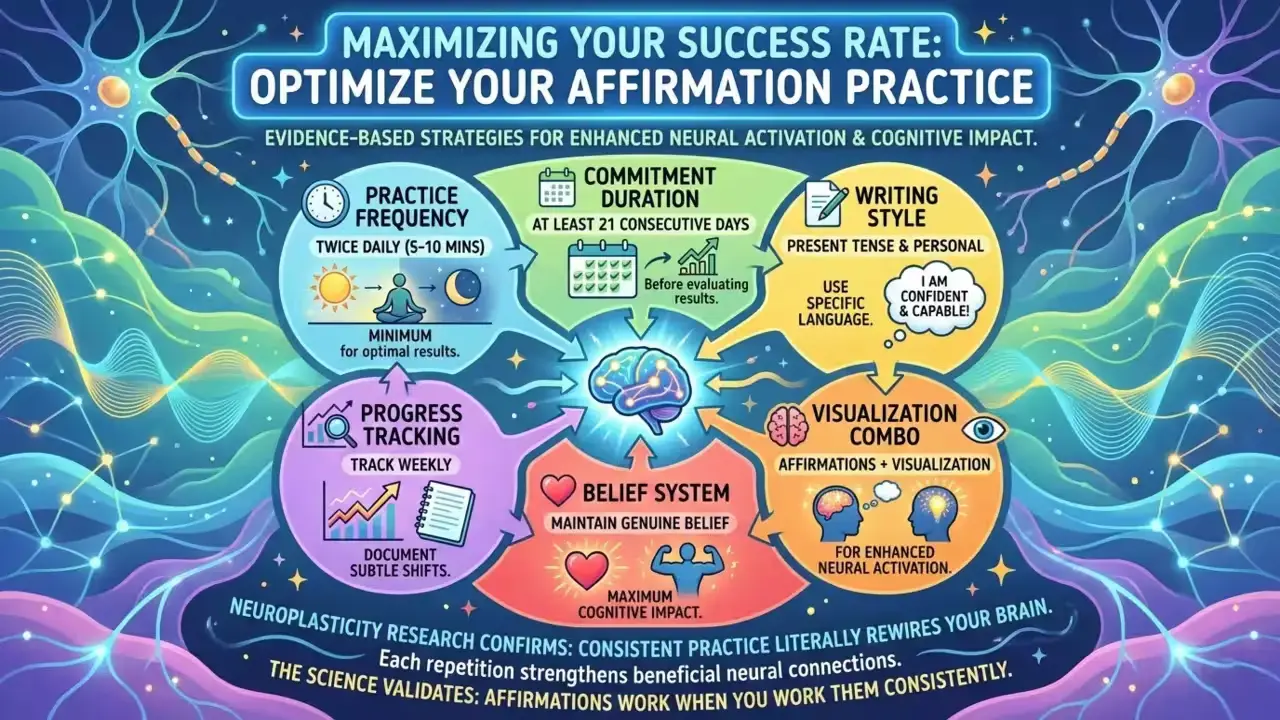 The design features a central brain icon surrounded by glowing neural pathways and six colorful strategy bubbles: Practice Frequency (twice daily), Commitment (21 days), Writing Style (present tense), Visualization Combo, Belief System, and Progress Tracking. The bottom text explains how neuroplasticity research confirms that consistent practice strengthens beneficial neural connections.
