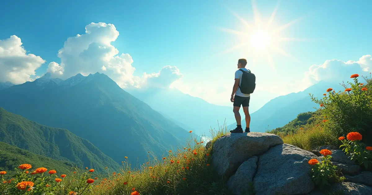 A person standing on a mountain top, symbolizing abundance and success, with a vibrant landscape in the background.