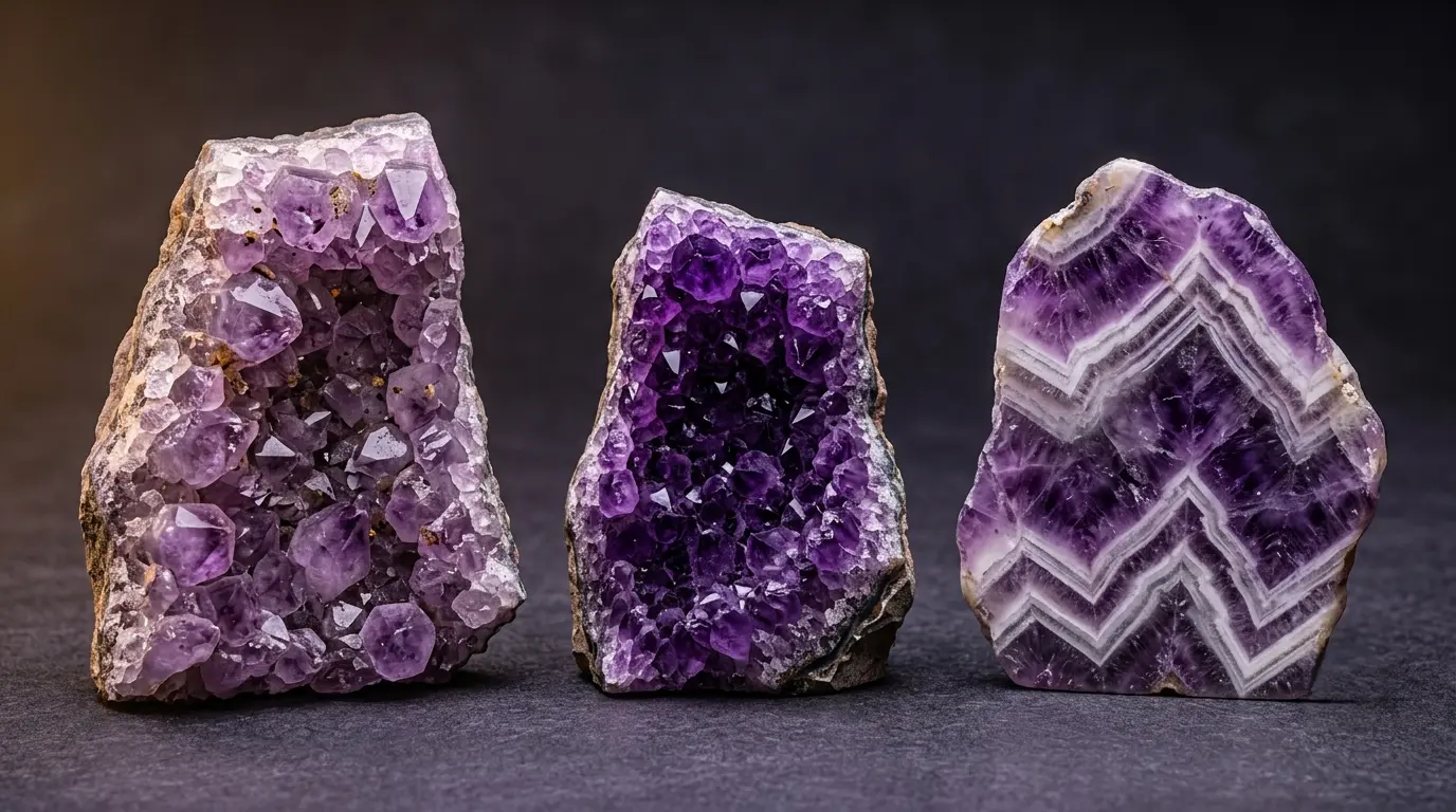 Amethyst grades comparison showing Brazilian, Uruguayan and Siberian varieties side by side