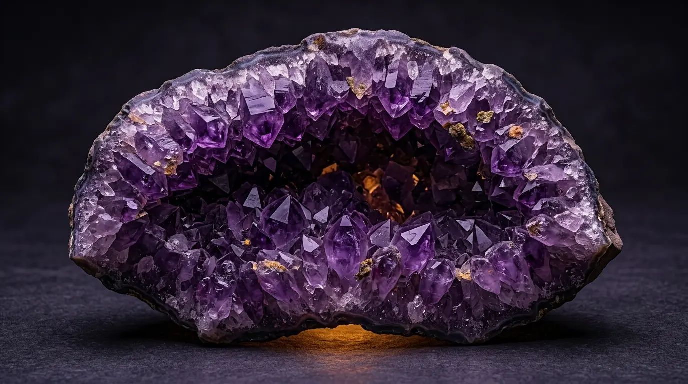 Amethyst crystal cluster on dark background with soft purple luminescence
