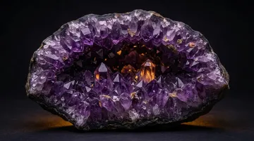 Amethyst geode with purple crystals and amber-colored crystals in the center against a black background
