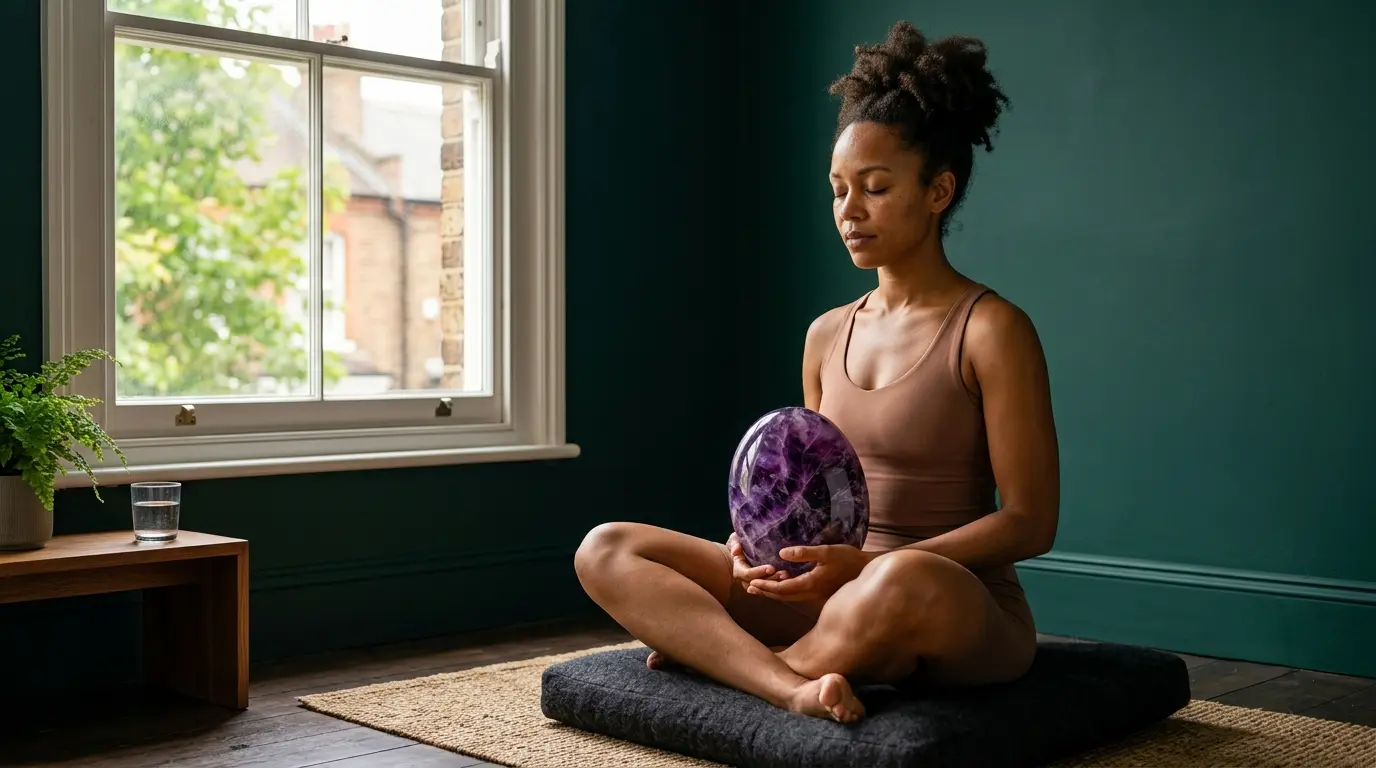 Person holding amethyst palm stone during meditation with soft morning light