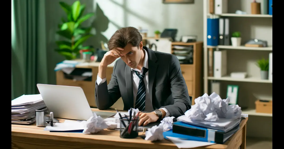 A person sitting at their desk at work, looking stressed and overwhelmed, with a cluttered desk and papers scattered around. Their posture is slumped, and their face shows signs of anxiety and fatigue, representing the impact of narcissistic abuse on professional life.